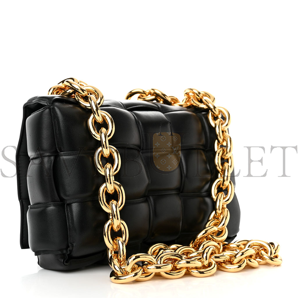 BOTTEGA VENETA LAMBSKIN MAXI INTRECCIO PADDED CHAIN CASSETTE CROSSBODY BAG BLACK (25*17*8cm)