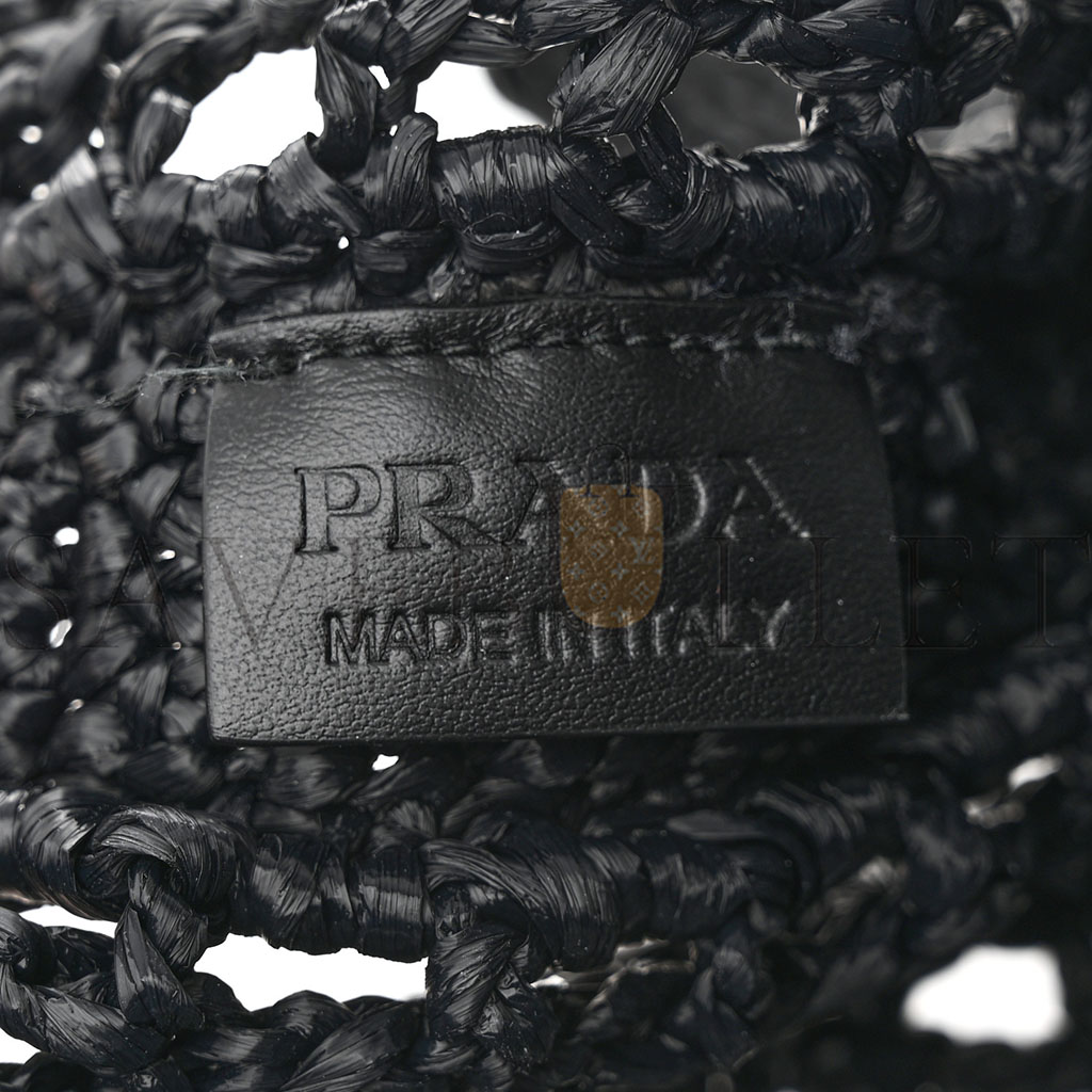 PRADA RAFFIA EMBROIDERED LOGO TOTE BAG BLACK (37*36*4cm)