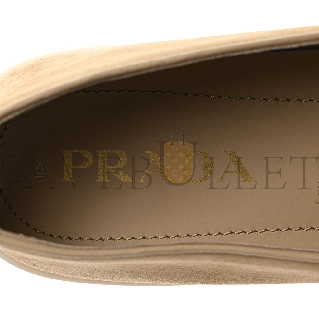 PRADA VITELLO SCAMOSCIATO METAL TRIANGLE LOGO SAINT TROPEZ 25MM LOAFERS 40 ECRU