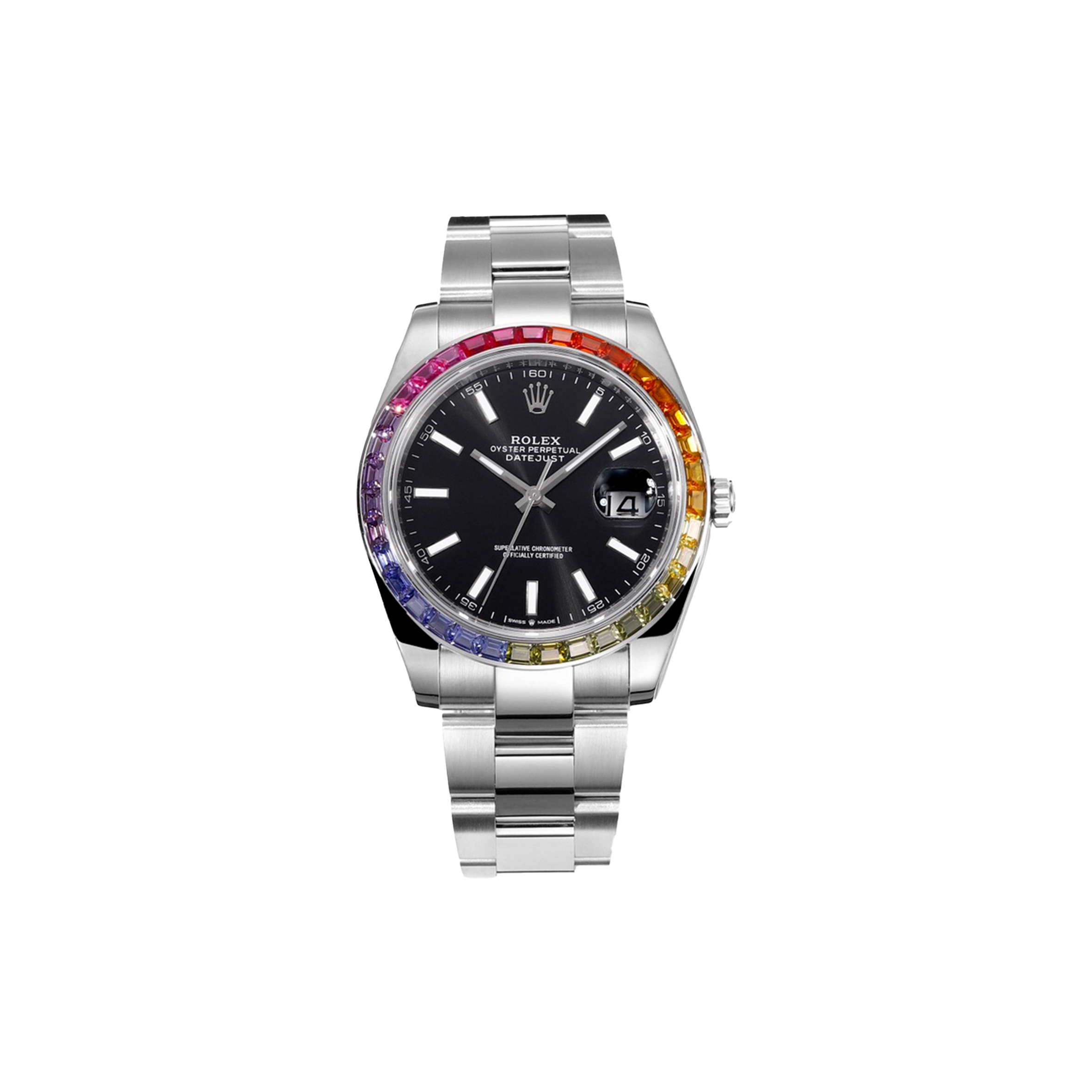 ROLEX DATEJUST RAINBOW BEZEL BLACK DIAL 41MM WATCH 3235