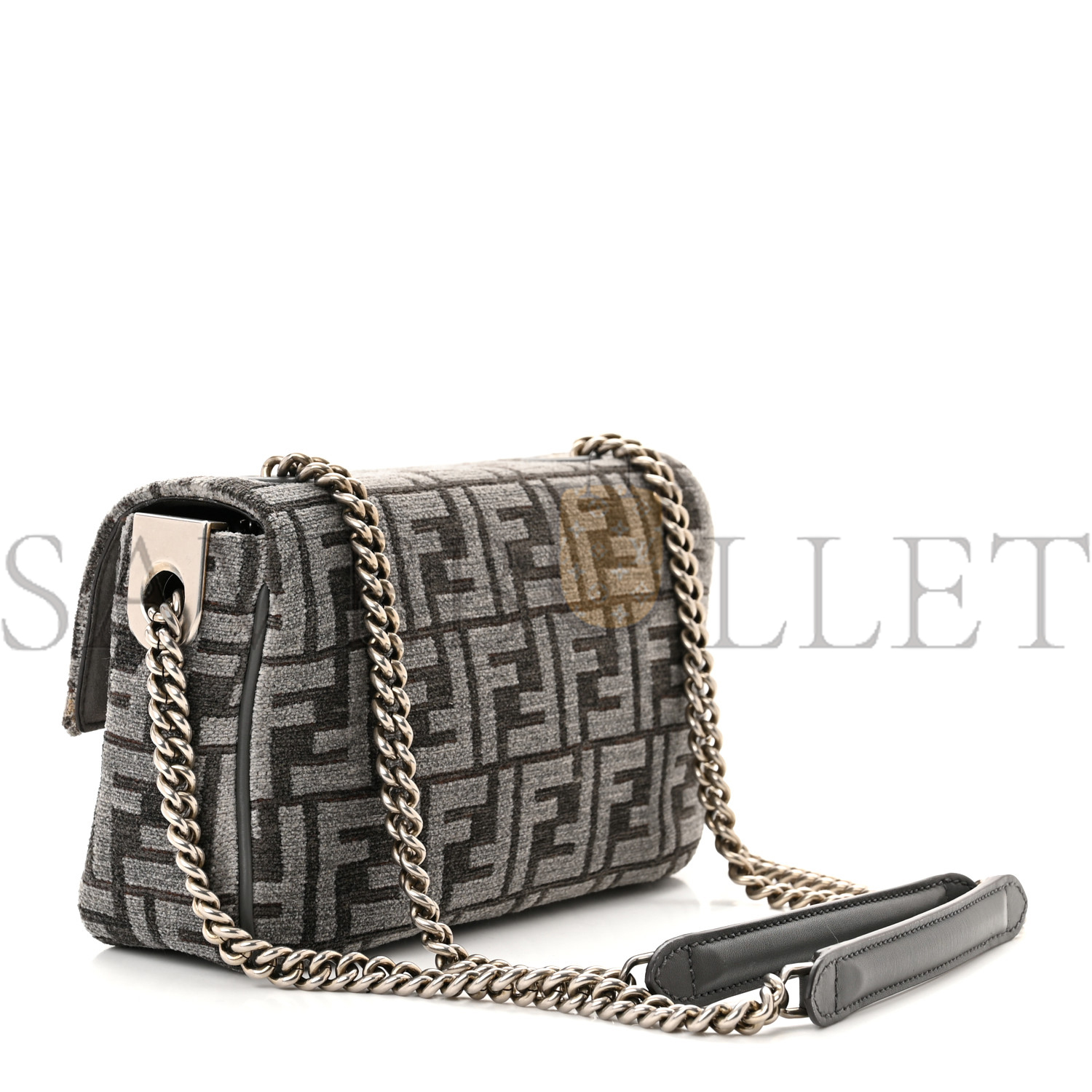 FENDI CHENILLE VITELLO SETA FF MIDI CHAIN BAGUETTE ANTHRACITE ASFALTO (22*13*6cm)