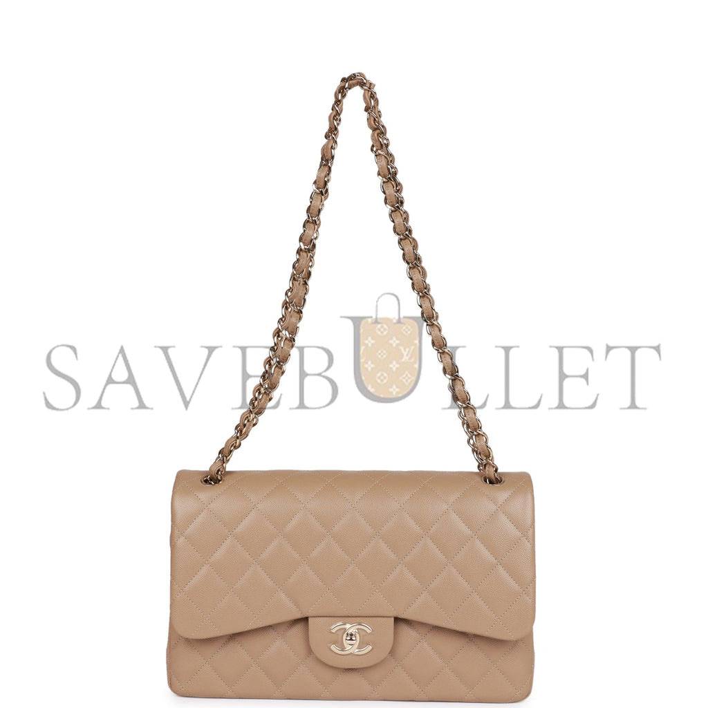 CHANEL JUMBO CLASSIC DOUBLE FLAP BAG DARK BEIGE CAVIAR GOLD HARDWARE (30*20*9cm)