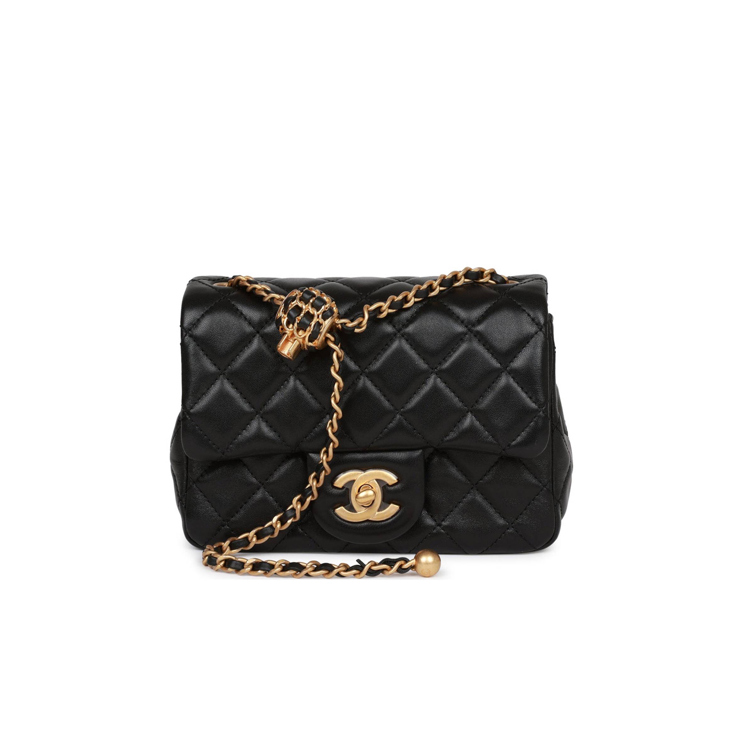 CHANEL PEARL CRUSH MINI SQUARE FLAP BAG BLACK LAMBSKIN ANTIQUE GOLD HARDWARE (17*14*8cm)