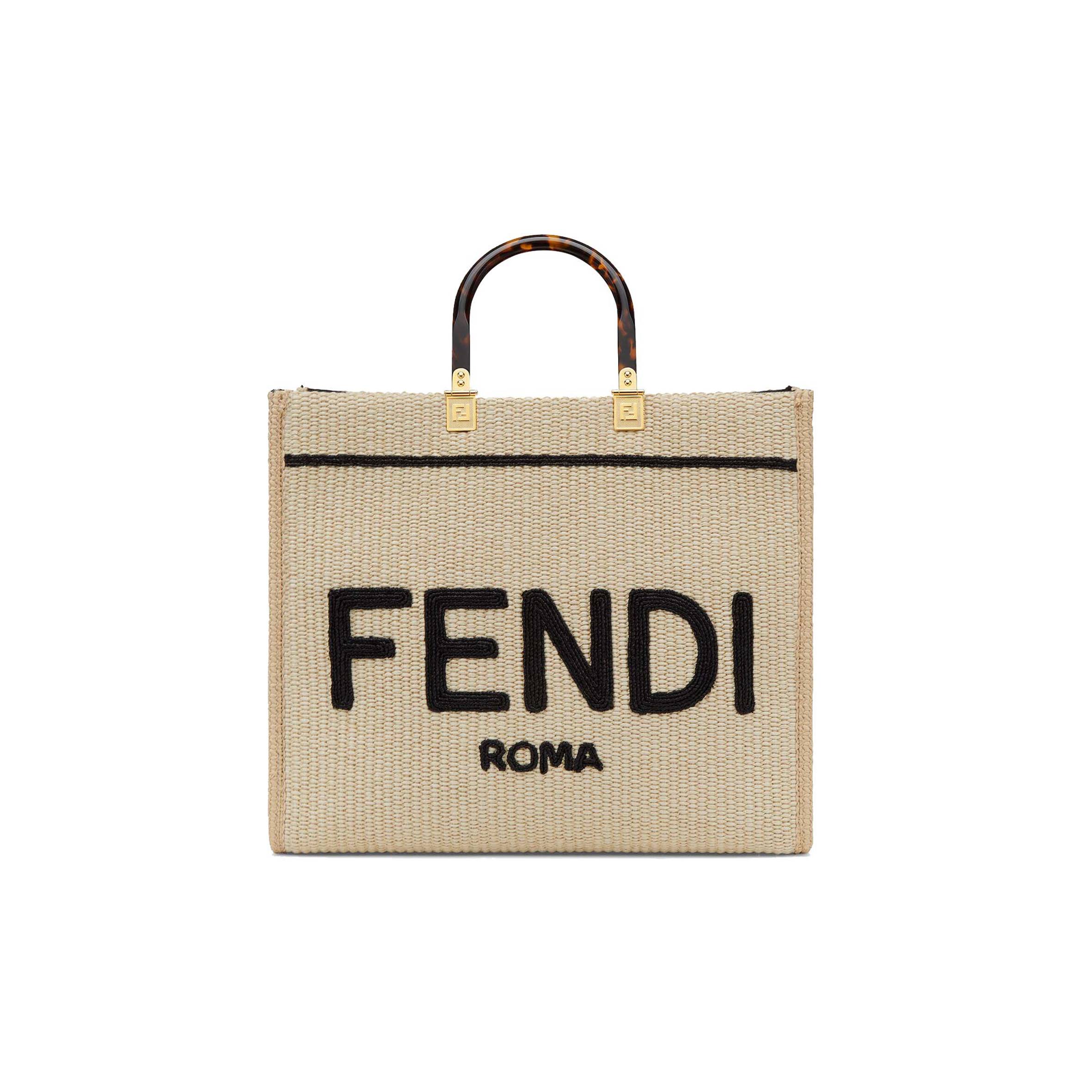 FENDI SUNSHINE MEDIUM - BEIGE AND BLACK STRAW SHOPPER 8BH386AKRPF1CBX (35*31*17cm)