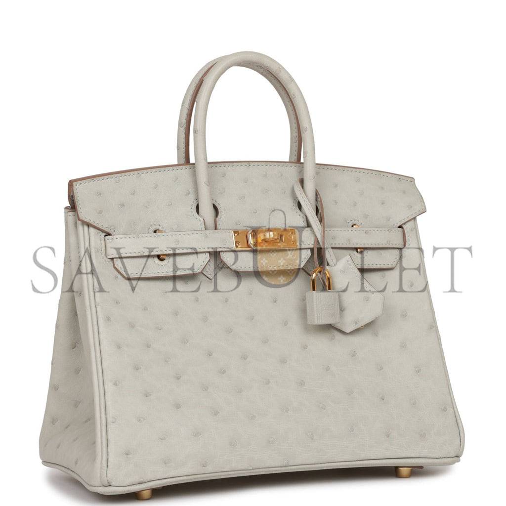 HERMES BIRKIN 25 GRIS PERLE OSTRICH GOLD HARDWARE HANDMADE (25cm)