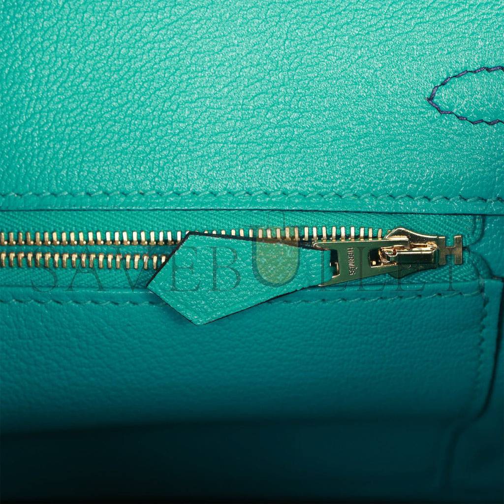 HERMES SPECIAL ORDER (HSS) BIRKIN 25 BLEU SAPHIR AND VERT VERTIGO CHEVRE BRUSHED GOLD HARDWARE HANDMADE (25.cm)