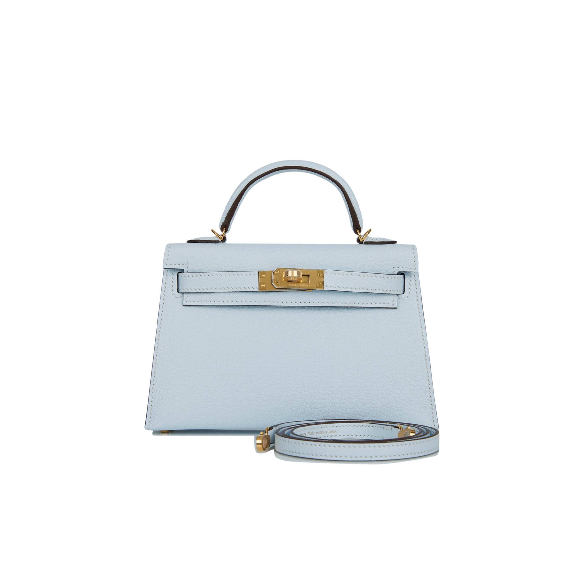 HERMES MINI KELLY SELLIER 20 BLEU BRUME CHEVRE GOLD HARDWARE (19*12*5.5cm)