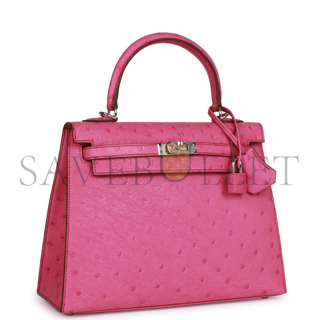 HERMES KELLY SELLIER 25 FUCHSIA OSTRICH PALLADIUM HARDWARE (25*17*7cm)