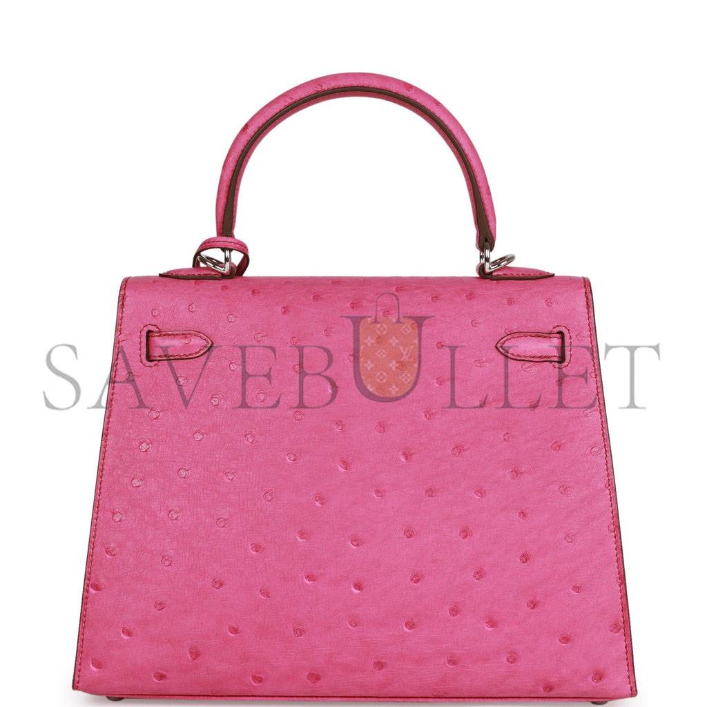 HERMES KELLY SELLIER 25 FUCHSIA OSTRICH PALLADIUM HARDWARE (25*17*7cm)