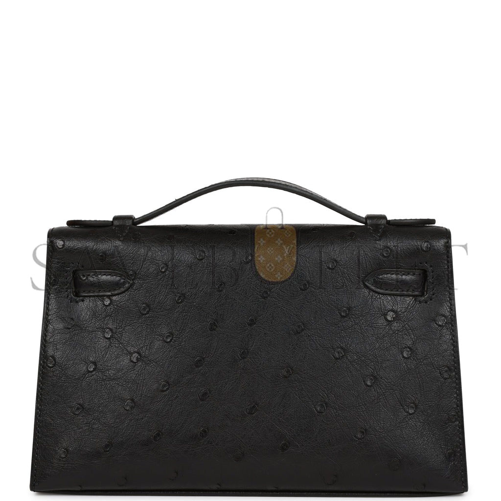 HERMES KELLY POCHETTE BLACK OSTRICH GOLD HARDWARE   (22*12*13cm)