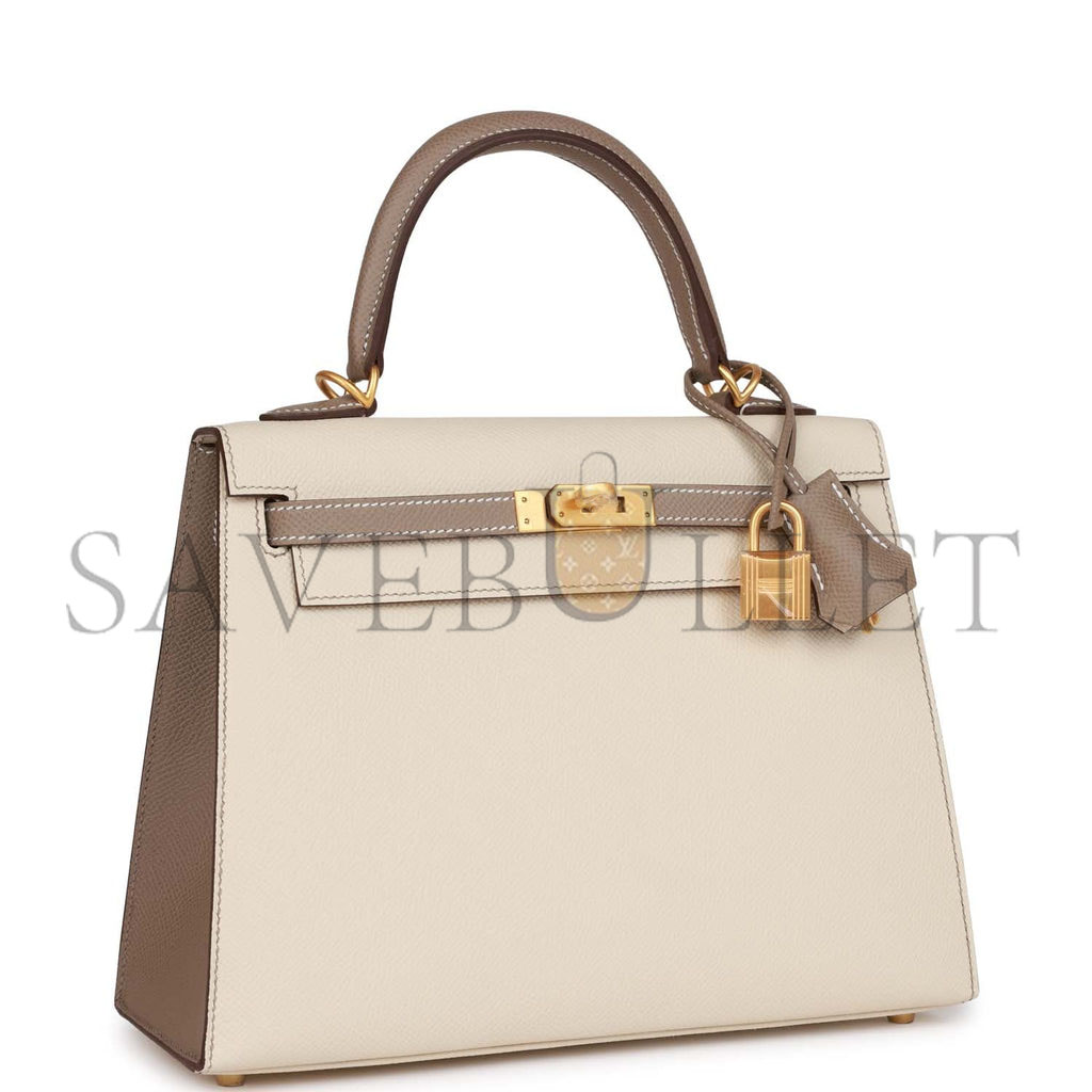 HERMES SPECIAL ORDER (HSS) KELLY SELLIER 25 CRAIE AND GRIS ASPHALTE EPSOM BRUSHED GOLD HARDWARE HANDMADE (25*17*7cm)