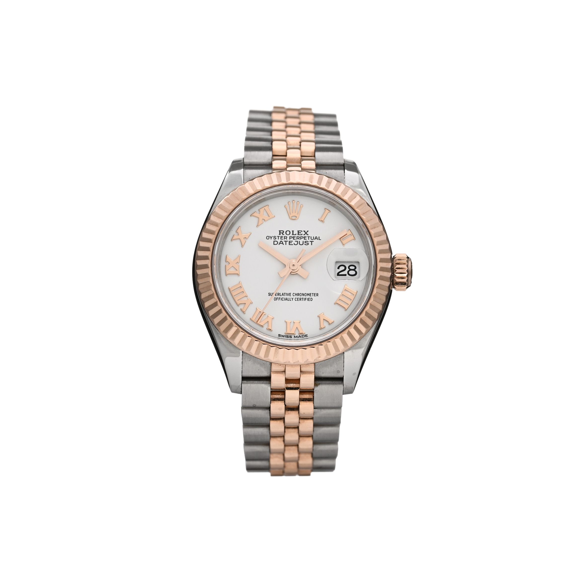 ROLEX STAINLESS STEEL 18K EVEROSE GOLD 28MM OYSTER PERPETUAL DATEJUST WATCH WHITE ROMAN 279171