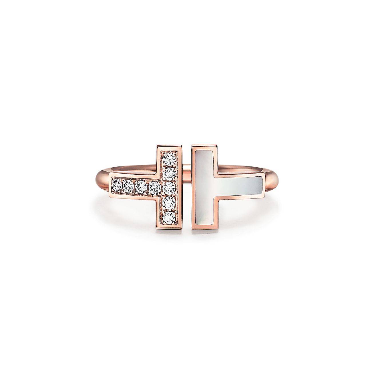 TIFFANY T WIRE RING IN ROSE GOLD WITH DIAMONDS AND MOTHER-OF-PEARL