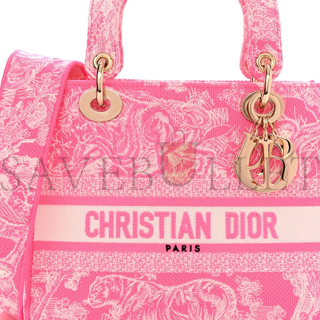 DIOR CANVAS TOILE DE JOUY REVERSE EMBROIDERED MEDIUM LADY D-LITE FLUORESCENT PINK (24*20*11cm)