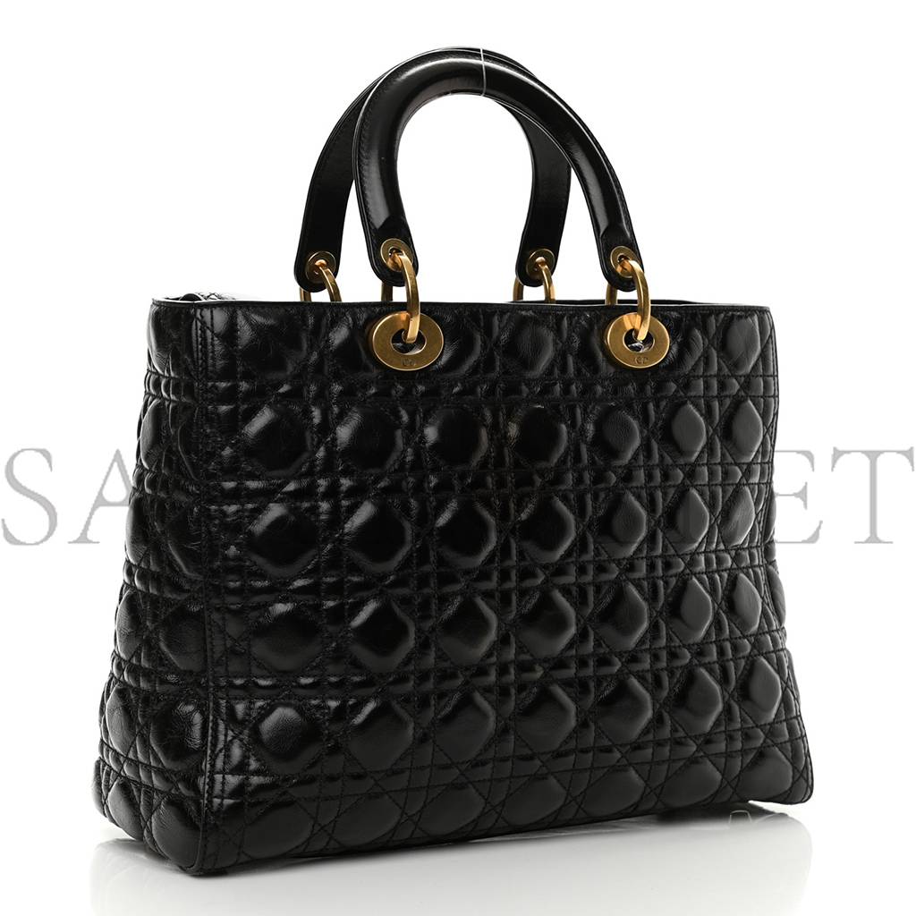 DIOR CRINKLED PATENT CANNAGE LARGE LADY DIOR BLACK (32*24*12.7cm) DIOR CRINKLED PATENT CANNAGE LARGE LADY DIOR BLACK (32*24*12.7cm)