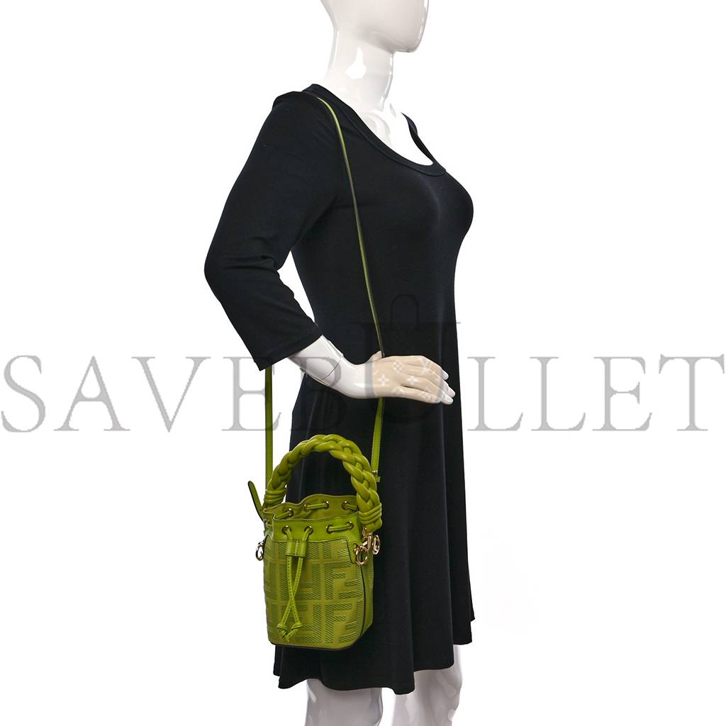 FENDI CANVAS VITELLO GRACE F IS FENDI FF EMBROIDERED MINI MON TRESOR BUCKET BAG WASABI (18*12*10cm)